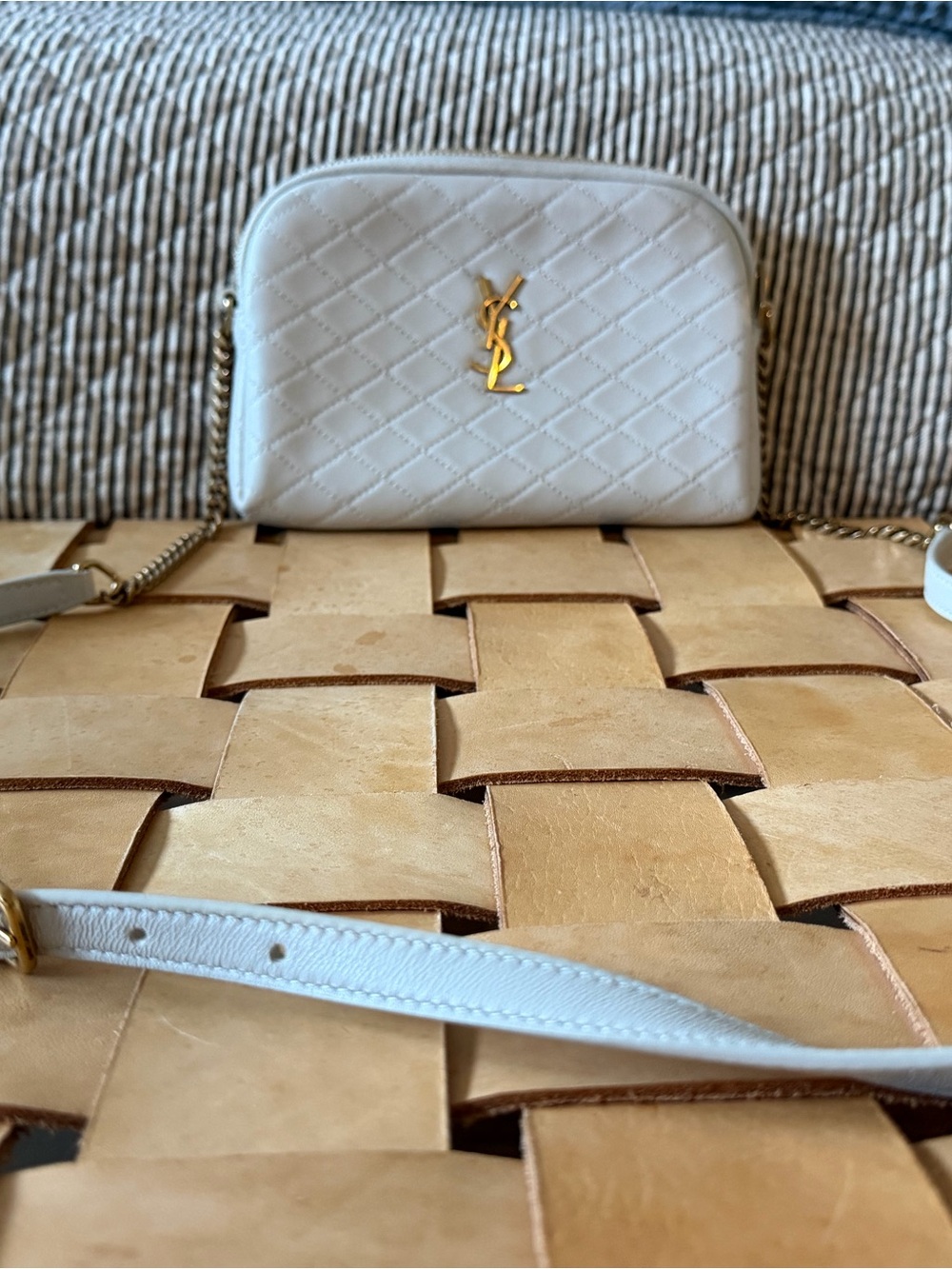 Saint Laurent Cream Quilted Leather Crossbody with Gold YSL Chain - Picture 5 of 6